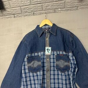 Western Cowboy Mens Large Denim Plaid Mixed Media Button Up Shirt Blue NWT